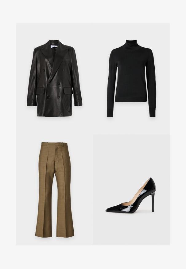 Black leather double-breasted blazer with wide lapels, front pockets, and button accents. Smooth texture with a tailored silhouette.; Black long-sleeve turtleneck sweater with ribbed cuffs and hem, displayed on a plain white background.; Brown flared trousers made of smooth fabric, featuring front pleats, a tailored waistband, and a subtle sheen. No visible hardware or patterns.; Black patent leather high-heeled pump with a pointed toe design and a sleek silhouette. Features a smooth, shiny finish and a slender stiletto heel.