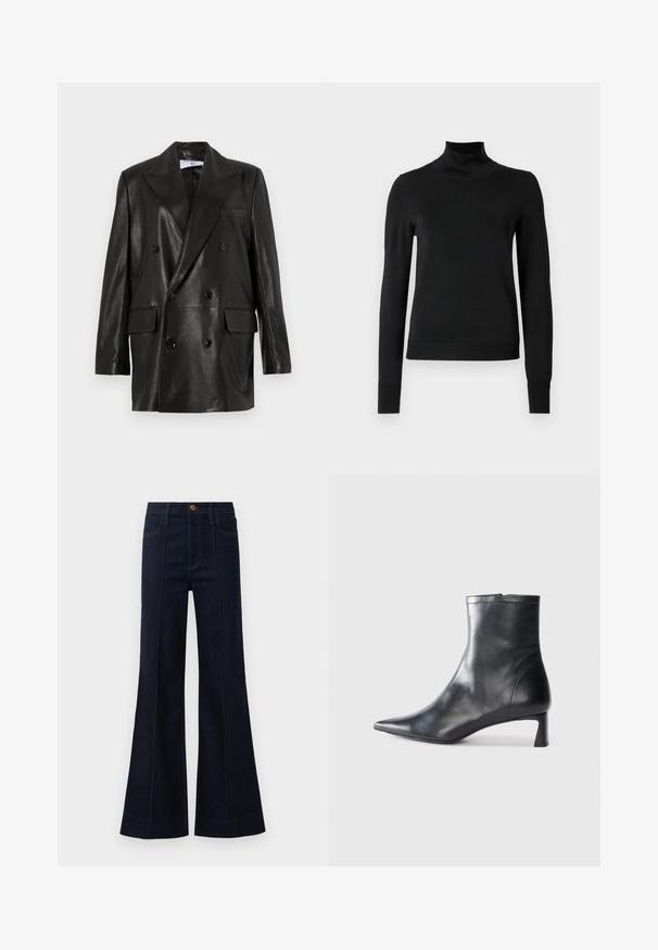 Blazer en cuir noir à double boutonnage avec larges revers, poches avant et accents en bouton. Texture lisse avec une silhouette cintrée.; Pull à col roulé noir à manches longues avec des poignets et un ourlet côtelés, présenté sur un fond blanc uni.; Jean flare en denim bleu foncé avec une taille haute, des poches avant et des coutures visibles. Le tissu a une texture lisse et une forme structurée.; Bottine en cuir noir avec un bout pointu et un design épuré. Présente un petit talon et une fermeture éclair à l'arrière. Texture lisse.
