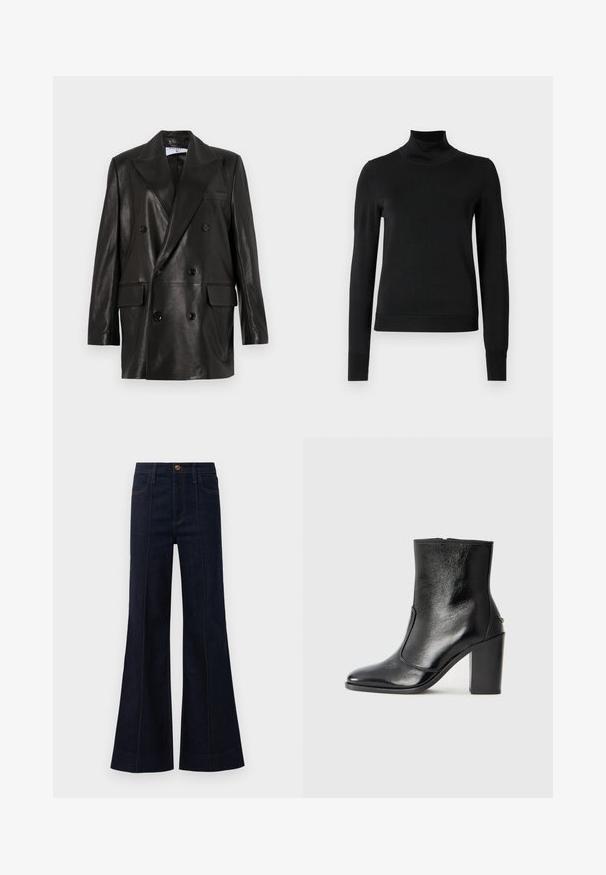 Sort læder dobbeltradet blazer med brede revers, forlommer og knapdetaljer. Glat tekstur med en skræddersyet silhuet.; Sort langærmet turtleneck sweater med ribbede manchetter og kant, vist på en simpel hvid baggrund.; Mørkeblå denim flared jeans med høj talje, frontlommer og synlige sømme. Stoffet har en glat tekstur og en struktureret form.; Sorte læder ankelstøvler med en glat overflade, spids tå og en chunky høj hæl. Har en sidelukning og minimalistisk design.