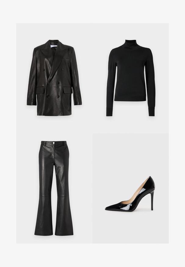 Juodas odinis dvigubos sagos švarkas su plačiais sklendais, priekinėmis kišenėmis ir mygtukų akcentais. Lygi tekstūra su pritaikytu siluetu.; Juoda ilgomis rankovėmis turtleneko tipo megztinis su rebruotomis rankovėmis ir apačia, eksponuojamas ant paprasto balto fono.; Juodos odinės platėjančios kelnės su lygi texture, turinčios priekinį užtrauktuką ir metalinį mygtuko užsegimą. Švarios linijos su minimaliais akcentais.; Juodas lakinės odos aukštakulnis batelis su smailiu priekiu ir elegantiška siluetu. Pasižymi lygiu, blizgiu paviršiumi ir siauru stiletto kulnu.