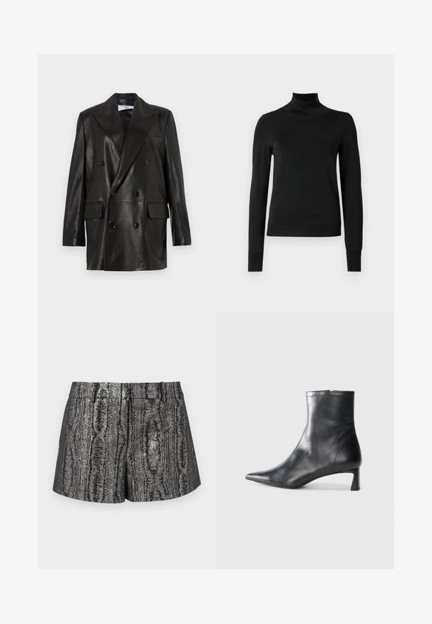 Blazer en cuir noir à double boutonnage avec larges revers, poches avant et accents en bouton. Texture lisse avec une silhouette cintrée.; Pull à col roulé noir à manches longues avec des poignets et un ourlet côtelés, présenté sur un fond blanc uni.; Shorts noirs et argentés avec une finition métallique texturée affichant un subtil motif de grain de bois, coupe droite et taille standard.; Bottine en cuir noir avec un bout pointu et un design épuré. Présente un petit talon et une fermeture éclair à l'arrière. Texture lisse.