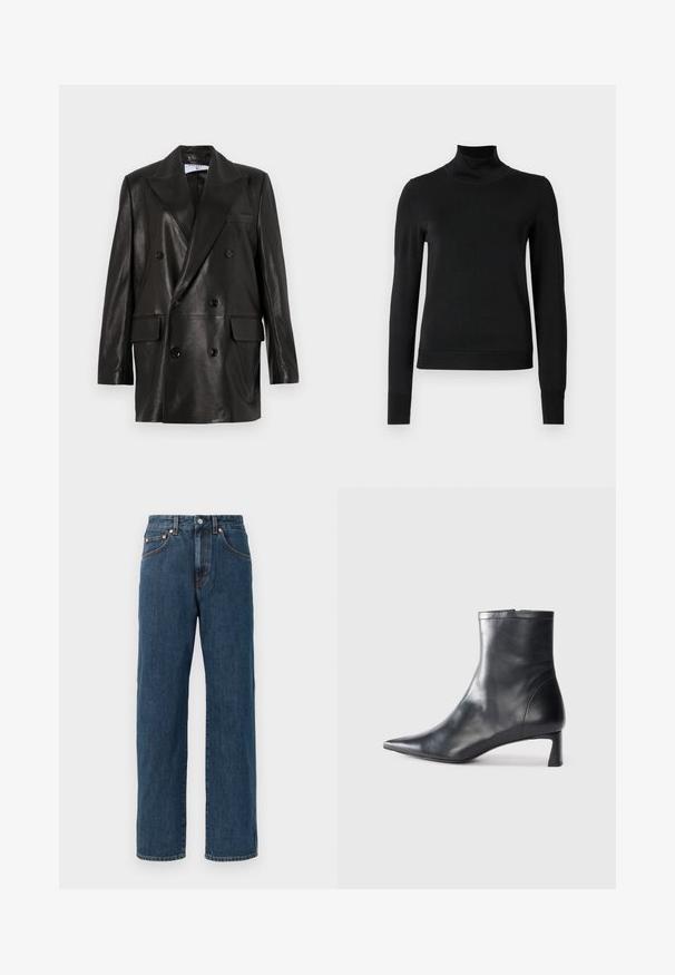 Juodas odinis dvigubos sagos švarkas su plačiais sklendais, priekinėmis kišenėmis ir mygtukų akcentais. Lygi tekstūra su pritaikytu siluetu.; Juoda ilgomis rankovėmis turtleneko tipo megztinis su rebruotomis rankovėmis ir apačia, eksponuojamas ant paprasto balto fono.; Tamsiai mėlyni džinsai su tiesiu siluetu. Yra penki kišenės, subtilūs siuvinėjimo detalės ir sagos užsegimas juosmens srityje.; Juodas odinis kulkšninis batas su smailiu pirštu ir elegantišku dizainu. Turi žemą kulną ir užtrauktuką gale. Lygi tekstūra.