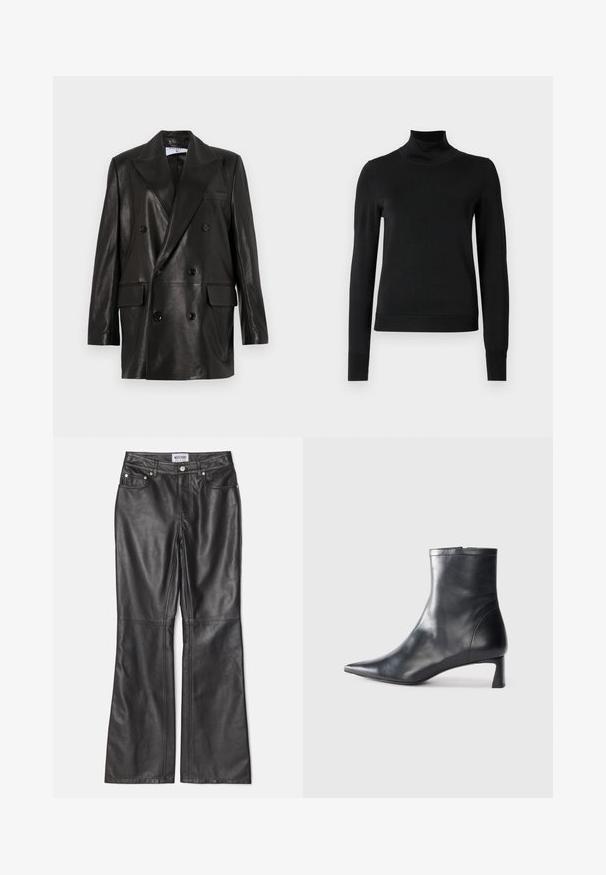 Čierny kožený dvojradový blejzer so širokými klopami, prednými vreckami a gombíkovými detailami. Hladká textúra s priliehavým strihom.; Čierny dlhý rukáv rolák s rebrovanými manžetami a lemom, zobrazený na čistej bielej pozadí.; Čierne kožené nohavice so zvonovým strihom, ktoré majú hladký povrch, strieborné kovanie, predné vrecká a viditeľné prešívanie pre dodatočné detaily.; Čierne kožené členkové topánky s špicatou špičkou a elegantným dizajnom. Majú nízky podpätok a zips na zadnej strane. Hladká textúra.