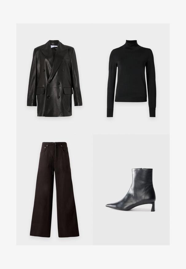 Blazer en cuir noir à double boutonnage avec larges revers, poches avant et accents en bouton. Texture lisse avec une silhouette cintrée.; Pull à col roulé noir à manches longues avec des poignets et un ourlet côtelés, présenté sur un fond blanc uni.; Pantalon large noir en tissu léger. Doté d'une taille à cordon de serrage, de poches avant et d'une texture subtile.; Bottine en cuir noir avec un bout pointu et un design épuré. Présente un petit talon et une fermeture éclair à l'arrière. Texture lisse.