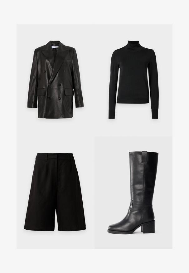 Melnas ādas divrindu žakete ar plašiem atlokiem, priekšējām kabatām un pogu akcentiem. Gluda tekstūra ar pielāgotu siluetu.; Melnas garām piedurknēm turtlenecks džemperis ar ribotām aprocēm un apakšmali, attēlots uz vienkārša balta fona.; Melnas bikses ar brīvu piegriezumu, izgatavotas no viegla auduma ar gludu tekstūru. Iezīmē platu jostu un minimālu detaļu skaitu.; Melnas ādas augstas līdz ceļgaliem zābaki ar gludu tekstūru, kvadrātveida purngaliem, blokveida papēdi un sānu cilpu, ar minimālām šuvju detaļām.
