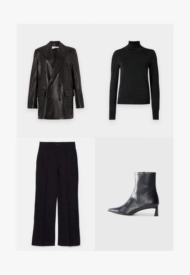 Blazer en cuir noir à double boutonnage avec larges revers, poches avant et accents en bouton. Texture lisse avec une silhouette cintrée.; Pull à col roulé noir à manches longues avec des poignets et un ourlet côtelés, présenté sur un fond blanc uni.; Pantalon noir avec un devant plat, des jambes droites et des poches. Fabriqué en tissu doux, il dispose d'une fermeture à un bouton et de passants de ceinture.; Bottine en cuir noir avec un bout pointu et un design épuré. Présente un petit talon et une fermeture éclair à l'arrière. Texture lisse.