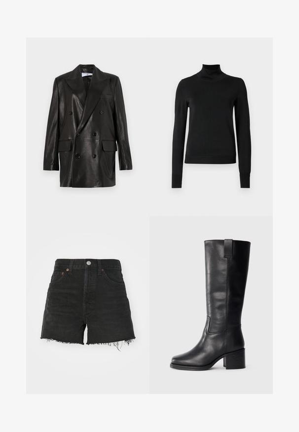 Juodas odinis dvigubos sagos švarkas su plačiais sklendais, priekinėmis kišenėmis ir mygtukų akcentais. Lygi tekstūra su pritaikytu siluetu.; Juoda ilgomis rankovėmis turtleneko tipo megztinis su rebruotomis rankovėmis ir apačia, eksponuojamas ant paprasto balto fono.; Juodi džinsiniai šortai su aukštu liemeniu, išplėštu kraštu ir vario spalvos kabliais. Turi klasikinį penkių kišenių dizainą ir mygtuko užsegimą.; Juodos odinės iki kelių siekiančios botai su lygiu paviršiumi, kvadratiniu pirštu, storu kulnu ir šoniniu kilputė, su minimaliais siuvimo akcentais.