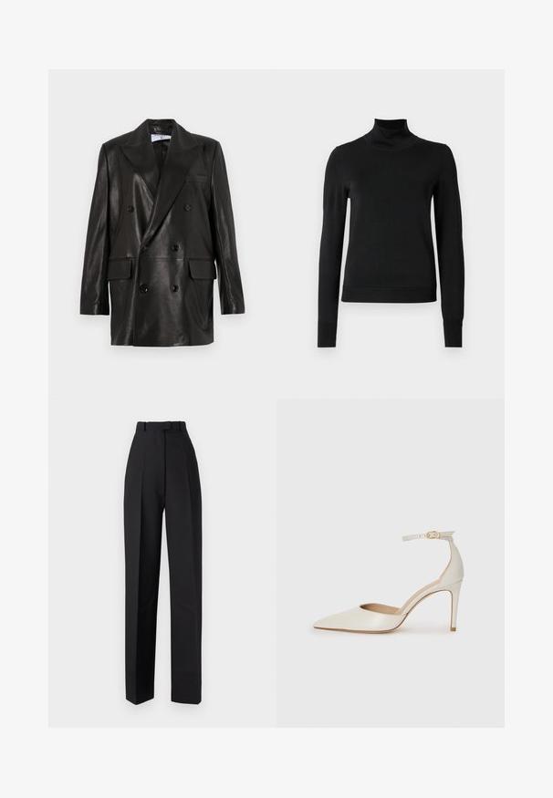 Svart läder dubbelknäppt blazer med breda slag, framfickor och knappdetaljer. Slät textur med skräddarsydd silhuett.; Svart långärmad polotröja med ribbade muddar och nederkant, visad mot en enkel vit bakgrund.; Svarta högmidjade byxor med veck, med skräddarsydd design och raka ben. Tillverkade av ett mjukt tyg, med minimala detaljer.; Vit läderhögklackad sko med spetsig tå, ankelrem och en smal stilettklack. Slät textur med diskret glänsande finish.