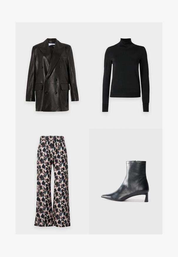 Melnas ādas divrindu žakete ar plašiem atlokiem, priekšējām kabatām un pogu akcentiem. Gluda tekstūra ar pielāgotu siluetu.; Melnas garām piedurknēm turtlenecks džemperis ar ribotām aprocēm un apakšmali, attēlots uz vienkārša balta fona.; MUNTHE ARUM - Auduma bikses - rose; Melnas ādas potītes zābaki ar norādītu pirkstu un elegantu dizainu. Iezīmē zemu papēdi un rāvējslēdzēja aizdari aizmugurē. Gluda tekstūra.