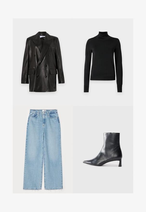 Black leather double-breasted blazer with wide lapels, front pockets, and button accents. Smooth texture with a tailored silhouette.; Black long-sleeve turtleneck sweater with ribbed cuffs and hem, displayed on a plain white background.; Light blue wide-leg jeans made from denim, featuring a frayed bottom hem, classic five-pocket design, and a button closure at the waist.; Black leather ankle boot with a pointed toe and a sleek design. Features a low heel and a zipper closure at the back. Smooth texture.