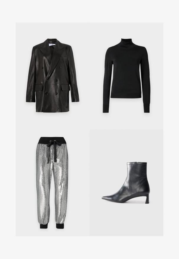 Czarna skórzana marynarka dwurzędowa z szerokimi klapami, przednimi kieszeniami i guzikami. Gładka tekstura z dopasowanym krojem.; Czarny sweter z długim rękawem i stojącym kołnierzem, z prążkowanymi mankietami i dołem, zaprezentowany na białym tle.; Srebrne dżinsowe spodnie dresowe z czarną elastyczną talią, sznurkiem do ściągania oraz czarnymi mankietami przy kostkach dla uzyskania zwężonego kroju.; Czarne skórzane botki sięgające kostki z ostrym noskiem i eleganckim designem. Posiadają niski obcas oraz zamek błyskawiczny z tyłu. Gładka faktura.