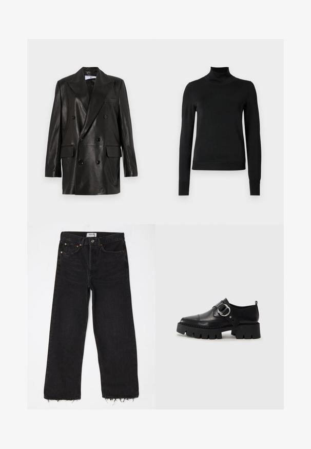 Juodas odinis dvigubos sagos švarkas su plačiais sklendais, priekinėmis kišenėmis ir mygtukų akcentais. Lygi tekstūra su pritaikytu siluetu.; Juoda ilgomis rankovėmis turtleneko tipo megztinis su rebruotomis rankovėmis ir apačia, eksponuojamas ant paprasto balto fono.; Juodos aukšto juosmens plačios kojos džinsai su nutrintais kraštais, penkiais kišenėmis ir metaliniu mygtuko užsegimu. Pagaminti iš nedidelio tekstūros džinsinio audinio.; Juodos odinės bateliai su masyviu, grioveliuotu padu, su apvaliu sidabro detalės akcentu ir minimaliais siuvimo elementais.