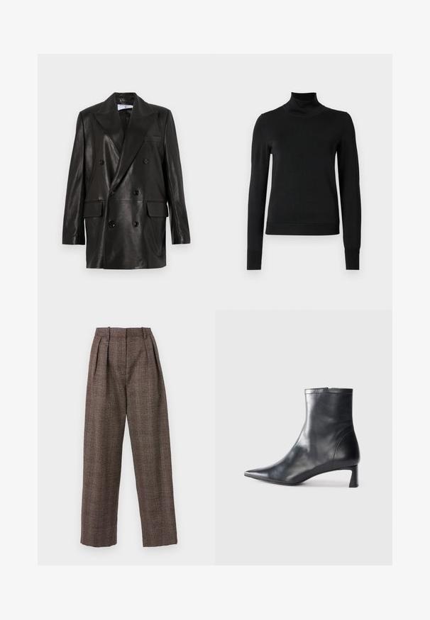 Blazer en cuir noir à double boutonnage avec larges revers, poches avant et accents en bouton. Texture lisse avec une silhouette cintrée.; Pull à col roulé noir à manches longues avec des poignets et un ourlet côtelés, présenté sur un fond blanc uni.; Pantalons à carreaux marron avec des jambes larges, un devant plissé et un tissu texturé. Présente des lignes bleues et beiges au sein du motif.; Bottine en cuir noir avec un bout pointu et un design épuré. Présente un petit talon et une fermeture éclair à l'arrière. Texture lisse.