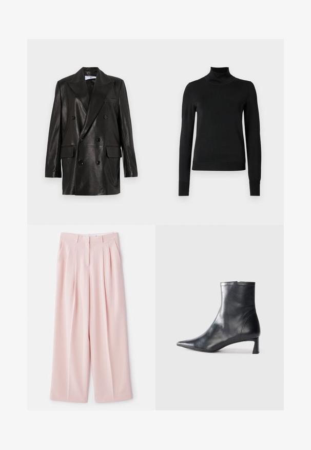 Black leather double-breasted blazer with wide lapels, front pockets, and button accents. Smooth texture with a tailored silhouette.; Black long-sleeve turtleneck sweater with ribbed cuffs and hem, displayed on a plain white background.; Pale pink wide-leg trousers with front pleats, a structured waistband, and a smooth fabric finish. Features two side pockets.; Black leather ankle boot with a pointed toe and a sleek design. Features a low heel and a zipper closure at the back. Smooth texture.