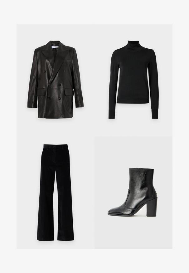 Zwarte leren dubbelbreasted blazer met brede revers, voorzakken en knoopaccenten. Gladde textuur met een getailleerd silhouet.; Zwarte trui met lange mouwen en col, voorzien van geribde manchetten en zoom, weergegeven op een effen witte achtergrond.; WEEKEND MaxMara TANIA - Broek - nero; Zwarte leren enkelboot met een gladde textuur, spitse neus en een gedurfde hoge hak. Beschikt over een zijopening en een minimalistisch ontwerp.
