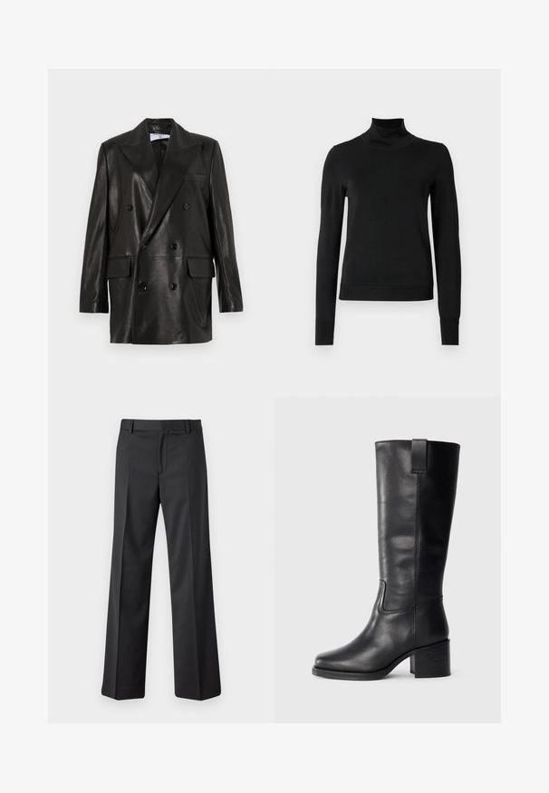 Černý kožený dvouřadý blazer s širokými klopy, předními kapsami a ozdobnými knoflíky. Hladká textura s upraveným siluetou.; Černý dlouhý rukáv rolák se žebrovanými manžetami a lemem, vystavený na čistě bílém pozadí.; Černé široké kalhoty vyrobené z hladké tkaniny. Obsahují pas s poutky na opasek a přední sklady. Rovný střih ke kotníkům.; Černé kožené kozačky až ke kolenům s hladkým povrchem, čtveratou špičkou, širokým podpatkem a bočním poutkem, se minimalizovanými švy.