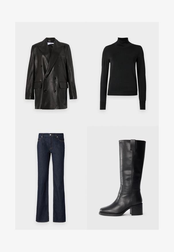 Juodas odinis dvigubos sagos švarkas su plačiais sklendais, priekinėmis kišenėmis ir mygtukų akcentais. Lygi tekstūra su pritaikytu siluetu.; Juoda ilgomis rankovėmis turtleneko tipo megztinis su rebruotomis rankovėmis ir apačia, eksponuojamas ant paprasto balto fono.; Tamsiai mėlynos džinsinės kelnės su platėjančia forma, penkių kišenių dizainu ir kontrastingomis oranžinėmis siūlėmis aplink siūles bei kišenes.; Juodos odinės iki kelių siekiančios botai su lygiu paviršiumi, kvadratiniu pirštu, storu kulnu ir šoniniu kilputė, su minimaliais siuvimo akcentais.