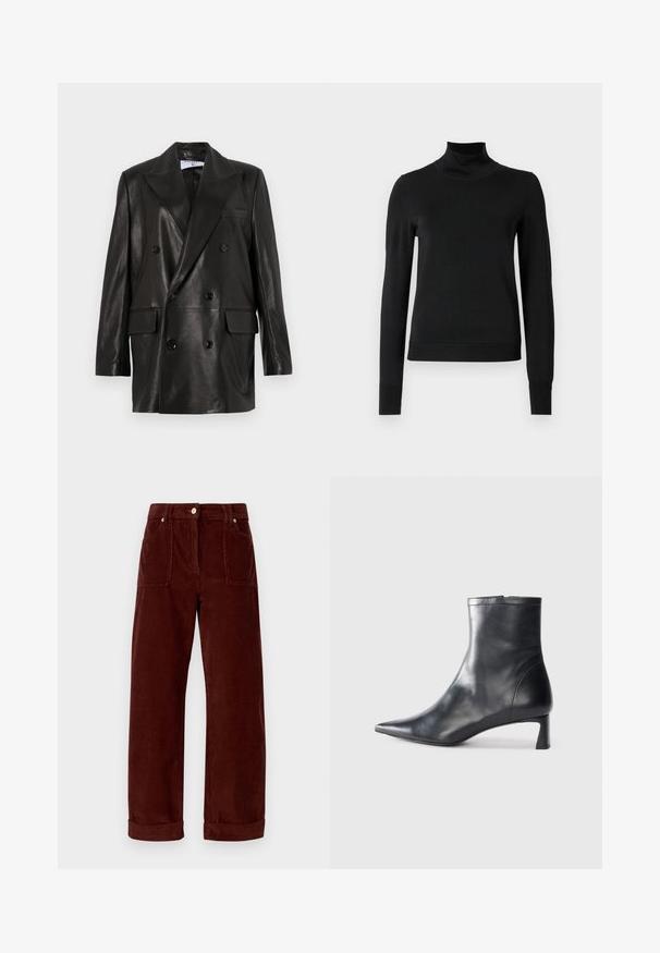 Juodas odinis dvigubos sagos švarkas su plačiais sklendais, priekinėmis kišenėmis ir mygtukų akcentais. Lygi tekstūra su pritaikytu siluetu.; Juoda ilgomis rankovėmis turtleneko tipo megztinis su rebruotomis rankovėmis ir apačia, eksponuojamas ant paprasto balto fono.; Rudos kordūriniai pantalai su tiesiu kojų dizainu, su suknežintais kraštais ir dviem priekinių kišenių. Medžiaga turi išsiskiriančią juostuotą tekstūrą.; Juodas odinis kulkšninis batas su smailiu pirštu ir elegantišku dizainu. Turi žemą kulną ir užtrauktuką gale. Lygi tekstūra.