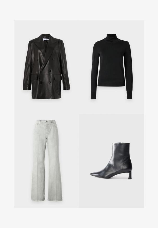 Zwarte leren dubbelbreasted blazer met brede revers, voorzakken en knoopaccenten. Gladde textuur met een getailleerd silhouet.; Zwarte trui met lange mouwen en col, voorzien van geribde manchetten en zoom, weergegeven op een effen witte achtergrond.; Lichtgrijze flared jeans, gemaakt van denim, met een hoge taille, vijf zakken en een nette afwerking met minimale stikseldetails.; Zwarte leren enkellaars met een spitse neus en een slank ontwerp. Heeft een lage hak en een ritssluiting aan de achterkant. Gladde textuur.