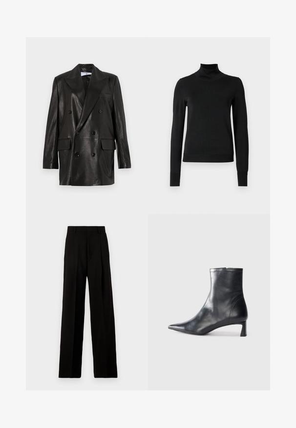 Melnas ādas divrindu žakete ar plašiem atlokiem, priekšējām kabatām un pogu akcentiem. Gluda tekstūra ar pielāgotu siluetu.; Melnas garām piedurknēm turtlenecks džemperis ar ribotām aprocēm un apakšmali, attēlots uz vienkārša balta fona.; Melnas platajās bikses, izgatavotas no gluda auduma, ar augstu jostu, priekšējām krokām un tīru, šūtu dizainu bez rotājumiem.; Melnas ādas potītes zābaki ar norādītu pirkstu un elegantu dizainu. Iezīmē zemu papēdi un rāvējslēdzēja aizdari aizmugurē. Gluda tekstūra.