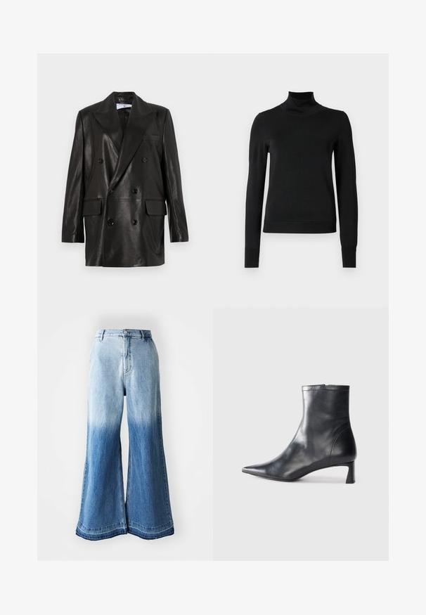 Blazer de cuero negro de doble botonadura con amplias solapas, bolsillos frontales y detalles de botones. Textura suave con una silueta entallada.; Suéter negro de manga larga con cuello de tortuga, con puños y dobladillo acanalados, exhibido sobre un fondo blanco liso.; Jeans de mezclilla de pierna ancha en azul claro con un degradado descolorido de claro a oscuro, dobladillo cosido y diseño de cinco bolsillos.; Botín de cuero negro hasta el tobillo con punta afilada y un diseño elegante. Presenta un tacón bajo y un cierre con cremallera en la parte trasera. Textura suave.