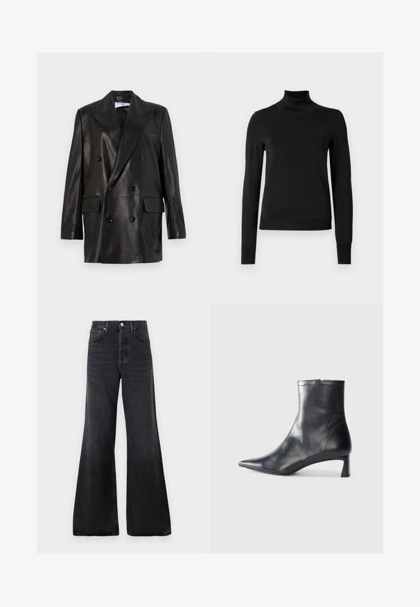 Melnas ādas divrindu žakete ar plašiem atlokiem, priekšējām kabatām un pogu akcentiem. Gluda tekstūra ar pielāgotu siluetu.; Melnas garām piedurknēm turtlenecks džemperis ar ribotām aprocēm un apakšmali, attēlots uz vienkārša balta fona.; Melni platā zābaki, kas izgatavoti no denima, ar augstu jostu, priekšējām kabatām un pogu aizdari ar metāla aparatūru. Visā virsmā gluda tekstūra.; Melnas ādas potītes zābaki ar norādītu pirkstu un elegantu dizainu. Iezīmē zemu papēdi un rāvējslēdzēja aizdari aizmugurē. Gluda tekstūra.