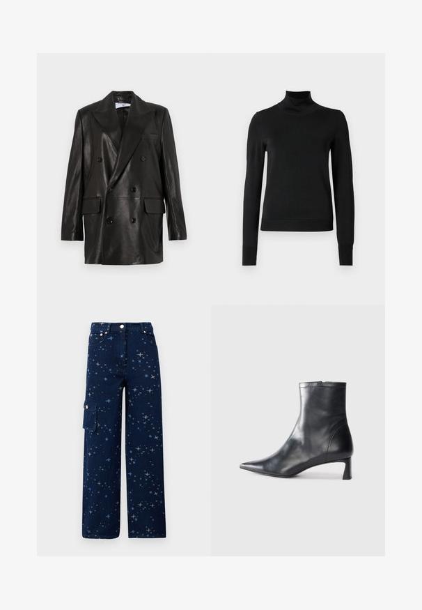 Czarna skórzana marynarka dwurzędowa z szerokimi klapami, przednimi kieszeniami i guzikami. Gładka tekstura z dopasowanym krojem.; Czarny sweter z długim rękawem i stojącym kołnierzem, z prążkowanymi mankietami i dołem, zaprezentowany na białym tle.; Granatowe dżinsowe spodnie cargo z gwiezdnym wzorem, szerokimi nogawkami, kieszeniami z przodu oraz kieszenią boczną z zapięciem na guzik.; Czarne skórzane botki sięgające kostki z ostrym noskiem i eleganckim designem. Posiadają niski obcas oraz zamek błyskawiczny z tyłu. Gładka faktura.