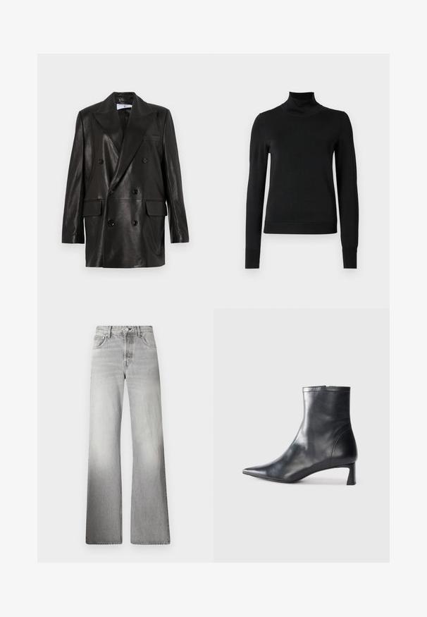 Musta nahkainen kaksirivinen bleiseri leveillä kauluksilla, etutaskuilla ja napitusyksityiskohdilla. Säihkeä pinta ja muotoiltu siluetti.; Musta pitkähihaisen pooloneuleen, jossa on ribbikuvioiset hihansuut ja helma, esitetty yksinkertaisella valkoisella taustalla.; Harmaa farkut, joissa on leveät lahkeet, korkea vyötärö, haalistunut rakenne, viisi taskua ja vetskari, jossa on nappisuljenta.; Musta nahkainen nilkkabotti, jossa on teräväkärkinen muotoilu ja tyylikäs design. Varusteena matala korko ja takana vetoketjukiinnitys. Sileä pinta.