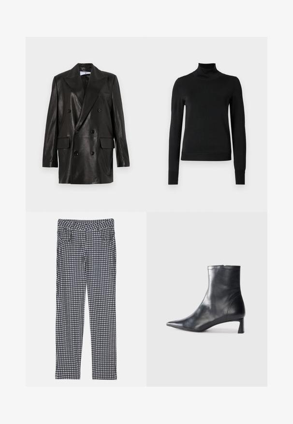 Černý kožený dvouřadý blazer s širokými klopy, předními kapsami a ozdobnými knoflíky. Hladká textura s upraveným siluetou.; Černý dlouhý rukáv rolák se žebrovanými manžetami a lemem, vystavený na čistě bílém pozadí.; Kalhoty v kostkovaném vzoru houndstooth, kombinující černou, bílou a šedou barvu. Navrženy se štíhlým střihem a předními kapsami.; Černé kožené kotníkové boty s špičatou špičkou a elegantním designem. Mají nízký podpatek a zipové zapínání na zadní straně. Hladká textura.