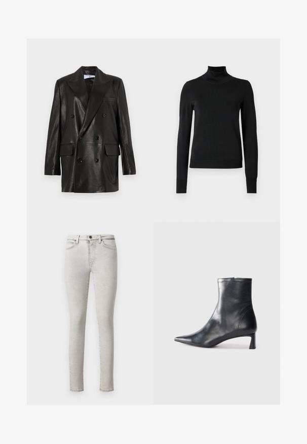 Czarna skórzana marynarka dwurzędowa z szerokimi klapami, przednimi kieszeniami i guzikami. Gładka tekstura z dopasowanym krojem.; Czarny sweter z długim rękawem i stojącym kołnierzem, z prążkowanymi mankietami i dołem, zaprezentowany na białym tle.; Jasnoszare skinny jeans z średnim stanem, standardowym pięciopocketowym wzorem i minimalnymi detalami przeszycia na szwach.; Czarne skórzane botki sięgające kostki z ostrym noskiem i eleganckim designem. Posiadają niski obcas oraz zamek błyskawiczny z tyłu. Gładka faktura.
