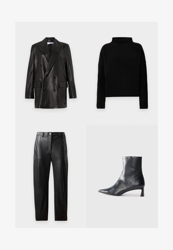 Juodas odinis dvigubos sagos švarkas su plačiais sklendais, priekinėmis kišenėmis ir mygtukų akcentais. Lygi tekstūra su pritaikytu siluetu.; Minkšta juoda golf polo su ilgomis rankovėmis, laisvu kirpimu, minimaliais siūlais ir be matomų puošmenų.; Juodi odiniai keliai su lygiu tekstūru, turintys priekinės kišenes, užtrauktuką ir prigludusį dizainą. Nepastebima siuvimo detalė šonuose.; Juodas odinis kulkšninis batas su smailiu pirštu ir elegantišku dizainu. Turi žemą kulną ir užtrauktuką gale. Lygi tekstūra.