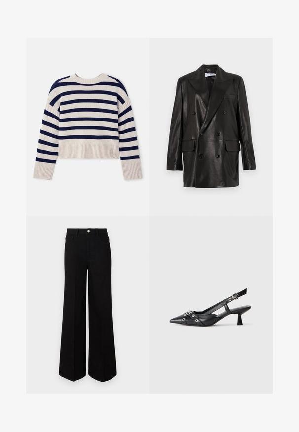 Schwarze Leder-Doppelreiher-Blazer mit breiten Revers, Fronttaschen und Knopfakzenten. Glatte Textur mit taillierter Silhouette.; Vanessa Bruno ESTHER - Strickpullover - ecru/marine; Schwarze weit geschnittene Jeans aus strapazierfähigem Material, mit hoher Taille, Fronttaschen und einem Knopfverschluss vorne. Flacher Saum am Boden.; Schwarzer Leder-Slingback-Schuh mit spitz zulaufender Zehenpartie, dekorativen Riemen mit METALLÖSEN und niedrigem Blockabsatz. Strukturelle Oberfläche.