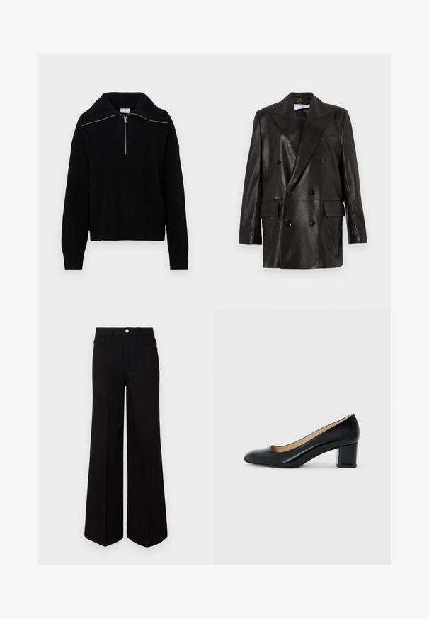 Zwarte leren dubbelbreasted blazer met brede revers, voorzakken en knoopaccenten. Gladde textuur met een getailleerd silhouet.; Zwart gebreid pullover met een hoge kraag en halve rits. Heeft een geribbelde textuur en lange mouwen, wat zorgt voor een losse pasvorm.; Zwarte wijde jeans gemaakt van stevig materiaal, met een hoge taille, voorzakken en een knopen sluiting aan de voorkant. Rechte zoom aan de onderkant.; Zwarte gepatineerde leren pumps met blokhak, een ronde neus en een soepele textuur. Ze hebben een gevoerde zool en een laag uitgesneden vemp.