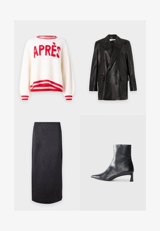 Fekete bőr, dupla gombos blézer széles hajtókákkal, elülső zsebekkel és gombdíszítéssel. Sima textúra, szabott sziluett.; Tej-szerű pulóver, laza fazonban, piros "APRÈS" felirattal, valamint csíkos piros és rózsaszín bordázott mandzsettákkal és aljjal. Kötött textúra és laza ujjakkal.; Fekete midi szoknya gyűrött textúrával, egyenes szabással és oldalsó hasítékkal. Az anyag könnyűnek tűnik. A szoknya alja kissé kerekített.; Fekete bőr bokacsizma hegyes orral és letisztult dizájnnal. Alacsony sarka és hátsó cipzáras záródása van. Simának tűnő textúra.