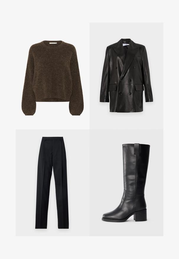 Zwarte leren dubbelbreasted blazer met brede revers, voorzakken en knoopaccenten. Gladde textuur met een getailleerd silhouet.; Bruine gebreide trui met een relaxte pasvorm, ronde halslijn, lange pofmouwen en zachte, gestructureerde stof. Verkorte lengte.; Zwarte broek gemaakt van gladde stof met een hoge taille, wijde benen, voorplooien en klassieke ceintuurlussen. Geen zijzakken zichtbaar.; Zwarte leren kniehoge laarzen met een gladde textuur, vierkante neus, blokhak en zijhandvat, met minimale stikseldetails.