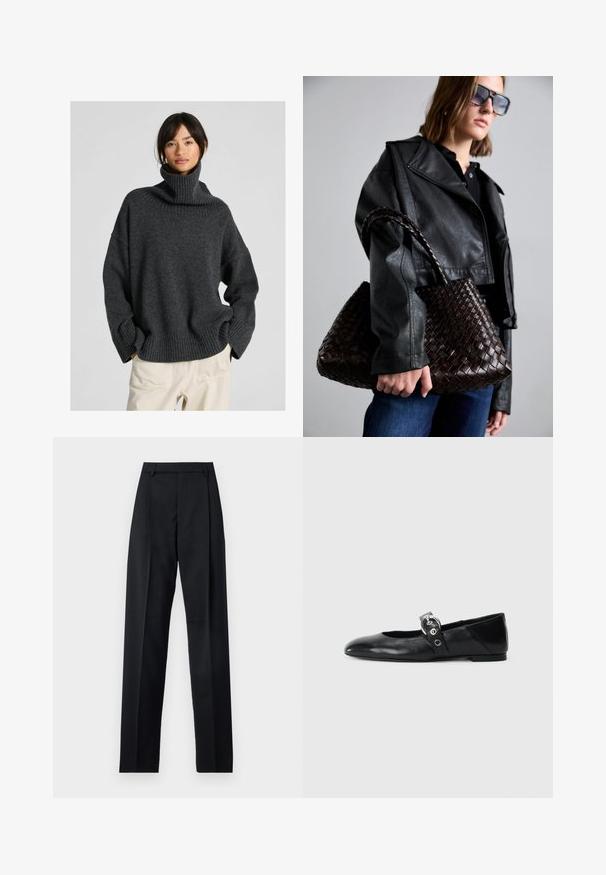 Fekete bőr, dupla gombos blézer széles hajtókákkal, elülső zsebekkel és gombdíszítéssel. Sima textúra, szabott sziluett.; Túlméretezett sötétszürke garbó pulóver bordázott nyakkivágással és mandzsettákkal, puha kötött anyagból készült, eséses vállakkal és laza fazonnal.; Fekete nadrág sima anyagból, magas derékkal, széles lábakkal, elülső redőkkel és klasszikus övhurkokkal. Oldalzsebek nem láthatók.; Fekete bőr balettcipők, hegyes orral, kör alakú fémbújtatóval ellátott pánttal és lapos talppal.; DRAGON DIFFUSION SANTA CROCE BIG - Kézitáska - dark brown