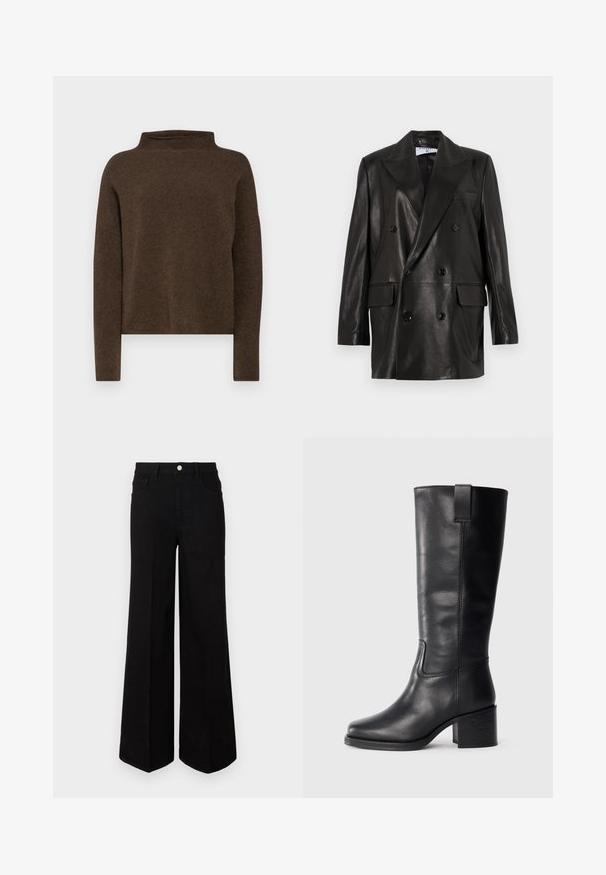 Black leather double-breasted blazer with wide lapels, front pockets, and button accents. Smooth texture with a tailored silhouette.; Brown, mock neck pullover sweater made from soft, textured fabric. Features long sleeves and a relaxed fit with dropped shoulder seams.; Black wide-leg jeans made of sturdy fabric, featuring a high waist, front pockets, and a front button closure. Flat hem at the bottom.; Black leather knee-high boots with a smooth texture, square toe, block heel, and side pull tab, featuring minimal stitching details.