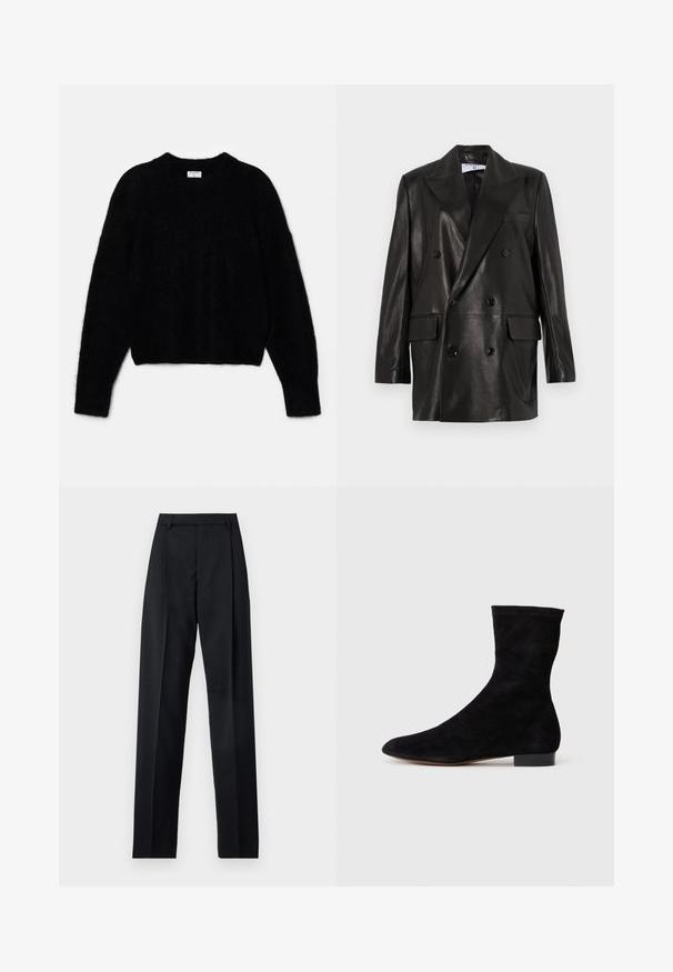 Black leather double-breasted blazer with wide lapels, front pockets, and button accents. Smooth texture with a tailored silhouette.; Black cropped sweater made of fluffy material. Features a round neckline and long sleeves with a soft texture. Minimal design, no patterns.; Black trousers made from smooth fabric featuring a high waist, wide legs, front pleats, and classic belt loops. No side pockets visible.; Black suede ankle boot with a fitted shaft, pointed toe, and a low block heel. Smooth texture and minimalistic design, suitable for versatile styling.