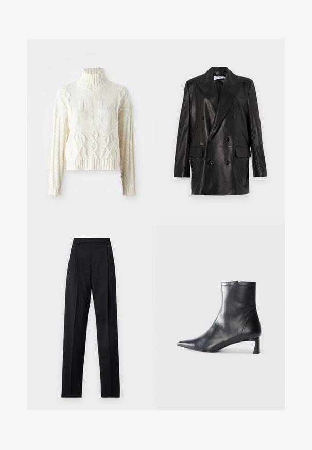 Juodas odinis dvigubos sagos švarkas su plačiais sklendais, priekinėmis kišenėmis ir mygtukų akcentais. Lygi tekstūra su pritaikytu siluetu.; Megztinis kreminės spalvos su aukštu briaunotu apykakle, turintis tekstūrinius raštus ir pintus raštus rankovėse bei kūne. Trumpas, prigludęs stilius.; Juodos kelnės iš lygaus audinio, pasižyminčios aukštu liemeniu, plačiomis kojomis, priekinėmis klostėmis ir klasikiais diržo kilpomis. Šoninių kišenių nematyti.; Juodas odinis kulkšninis batas su smailiu pirštu ir elegantišku dizainu. Turi žemą kulną ir užtrauktuką gale. Lygi tekstūra.