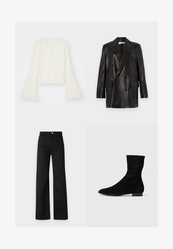 Fekete bőr, dupla gombos blézer széles hajtókákkal, elülső zsebekkel és gombdíszítéssel. Sima textúra, szabott sziluett.; Csíkozott, krém színű pólóing hosszú, bővülő ujjakkal és öt gombos nyakkivágással. Puha tapintású gallérral rendelkezik.; Fekete, széles szárú nadrág, függőleges kék csíkozással, klasszikus öt zsebes kialakítással és elöl gombos záródással.; Fekete velúr bokacsizma, illeszkedő szárral, hegyes orral és alacsony blokk sarokkal. Simább felület és minimalista dizájn, amely sokoldalú stílushoz megfelelő.