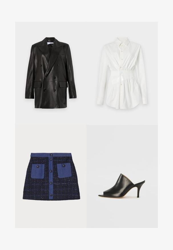 Fekete bőr, dupla gombos blézer széles hajtókákkal, elülső zsebekkel és gombdíszítéssel. Sima textúra, szabott sziluett.; Fehér, hosszú ujjú ing, fitted derék részlet és fényes öv akcentussal. Simább, könnyű anyagból készült.; Kockás mintázatú tweed mini szoknya, sötétkék színben, két elülső zsebbel és gombos záródással. Textúrált anyag denimbetétekkel.; Fekete bőr, nyitott orrú mules cipő, elegáns, ívelt kialakítással, magas stiletto sarokkal és sima textúrával. A belső tér világos színű, kontrasztos.