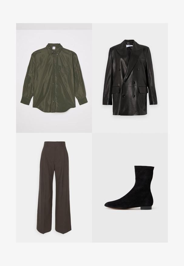 Blazer din piele neagră, cu două rânduri de nasturi, guler larg, buzunare frontale și accente din nasturi. Textură netedă cu o siluetă croită.; Cămașă cu mâneci lungi, de culoare verde măsliniu închis, dintr-un material lucios, cu închidere buton, guler ascuțit și un buzunar la piept.; Pantaloni largi de culoare maro închis, cu talie înaltă, prezentând pliante bine călcate, textură fină și o croială adaptată.; Cizme scurte din suede negre, cu un știft ajustat, vârful ascuțit și un toc mic, pătrat. Textură netedă și design minimalist, potrivite pentru un stil versatil.