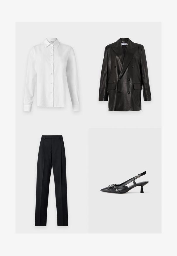 Sort læder dobbeltradet blazer med brede revers, forlommer og knapdetaljer. Glat tekstur med en skræddersyet silhuet.; Hvid langærmet skjorte med knaplukning og krave, lavet af glat bomuldsstof. Har seks knapper ned langs fronten og skræddersyede manchetter.; Sorte bukser lavet af glat stof, der har høj talje, brede ben, frontfolder og klassiske bælteløkker. Ingen synlige sidelommer.; Sort lædersandal med spids tå, dekorative stropper med metaløjer og en lav blokhæl. Struktureret overflade.