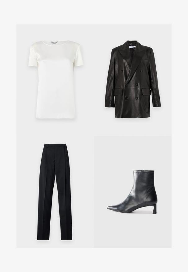Melnas ādas divrindu žakete ar plašiem atlokiem, priekšējām kabatām un pogu akcentiem. Gluda tekstūra ar pielāgotu siluetu.; Balta īsām piedurknēm blūze, kas izgatavota no gluda satīna, ar apaļu kakla izgriezumu un minimālu šuvju dizainu. Tīrs, vienkāršs dizains ar maigu tekstūru.; Melnas bikses, izgatavotas no gludas auduma, ar augstu vidukli, platiem bikšu galdniekiem, priekšējiem krokām un klasiskām jostu cilpām. Sānu kabatas nav redzamas.; Melnas ādas potītes zābaki ar norādītu pirkstu un elegantu dizainu. Iezīmē zemu papēdi un rāvējslēdzēja aizdari aizmugurē. Gluda tekstūra.
