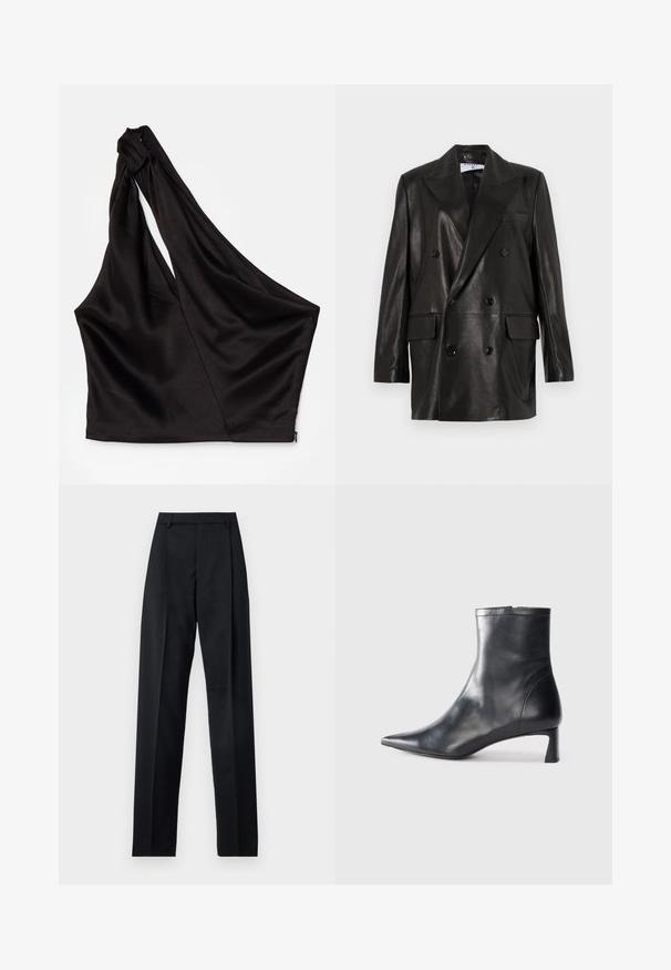 Blazer doppiopetto in pelle nera con ampi revers, tasche frontali e dettagli in bottone. Texture liscia con silhouette su misura.; Top asimmetrico in satin nero con una spallina, caratterizzato da un design drappeggiato e chiusura con zip sul lato. Tessuto morbido.; Pantaloni neri realizzati in tessuto morbido, caratterizzati da vita alta, gambe larghe, pince frontali e classiche passanti per cintura. Non ci sono tasche laterali visibili.; Stivaletto in pelle nera con punta affusolata e design elegante. Presenta un tacco basso e una chiusura con zip sul retro. Texture liscia.