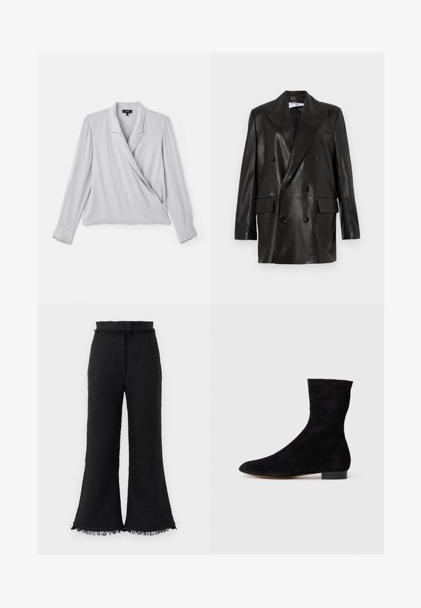 Schwarze Leder-Doppelreiher-Blazer mit breiten Revers, Fronttaschen und Knopfakzenten. Glatte Textur mit taillierter Silhouette.; Theory LAPEL WRAP - Bluse - platinum; Schwarze weite Hosen aus strukturiertem Stoff, mit ausgefranstem Saum und elastischem Bund. Das Design zeichnet sich durch eine glatte Oberfläche und einen lässigen Schnitt aus.; Schwarze Wildleder-Ankelboots mit einem enganliegenden Schaft, spitzer Zehenform und niedrigem Blockabsatz. Glatte Textur und minimalistisches Design, geeignet für vielseitige Styles.