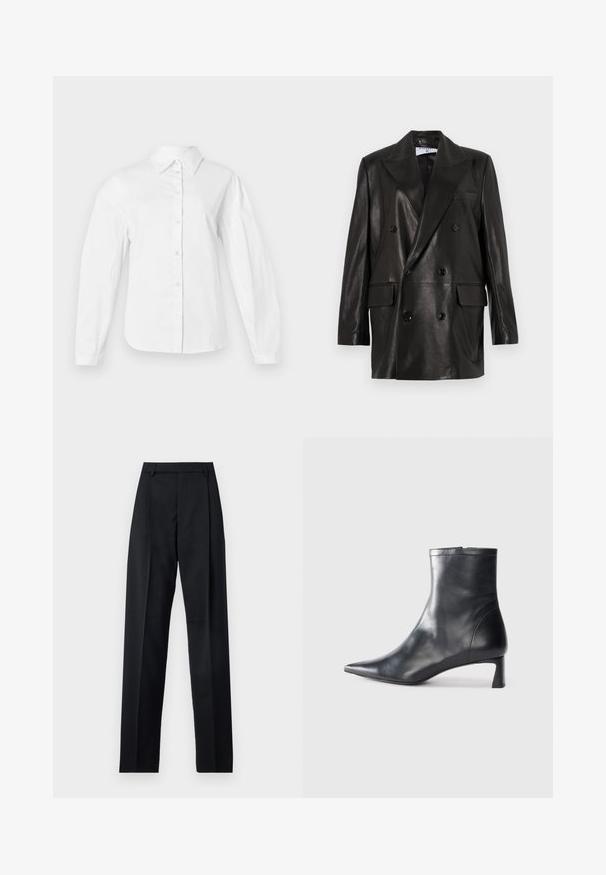 Blazer de cuero negro de doble botonadura con amplias solapas, bolsillos frontales y detalles de botones. Textura suave con una silueta entallada.; Camisa blanca de manga larga confeccionada en suave tela de algodón, con un cuello clásico y un corte recto con cierre de botones al frente.; Pantalones negros de tela suave con cintura alta, piernas amplias, pliegues frontales y lazos de cinturón clásicos. No hay bolsillos laterales visibles.; Botín de cuero negro hasta el tobillo con punta afilada y un diseño elegante. Presenta un tacón bajo y un cierre con cremallera en la parte trasera. Textura suave.