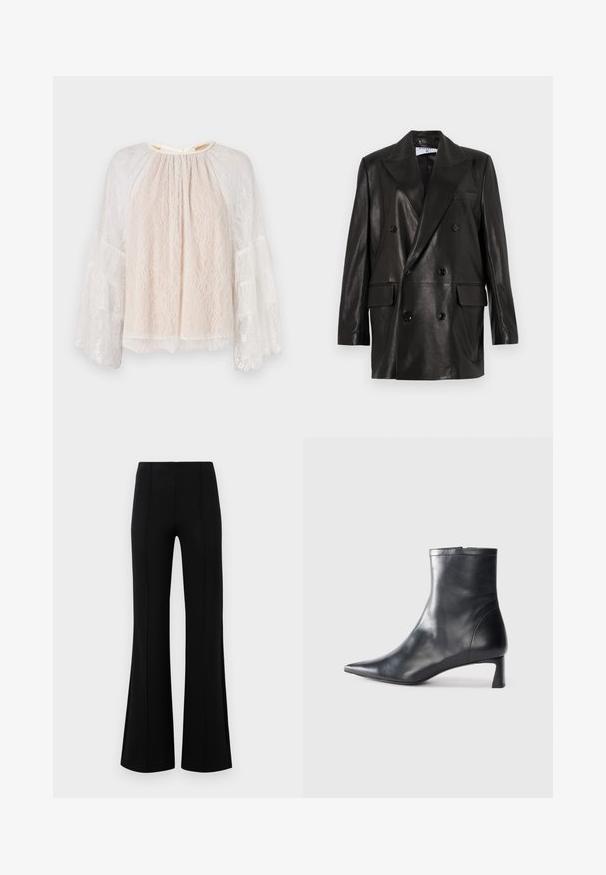 Schwarze Leder-Doppelreiher-Blazer mit breiten Revers, Fronttaschen und Knopfakzenten. Glatte Textur mit taillierter Silhouette.; Alice + Olivia DELIA RUFFLE TUNIC - Bluse - off white; Schwarze Schlaghose mit hoher Taille, aus dehnbarem Material. Mit vertikalen Nahtdetails auf der Vorderseite und einer glatten Textur.; Schwarze Lederstiefelette mit spitzer Zehe und schlankem Design. Verfügt über einen niedrigen Absatz und einen Reißverschluss hinten. Glatte Textur.