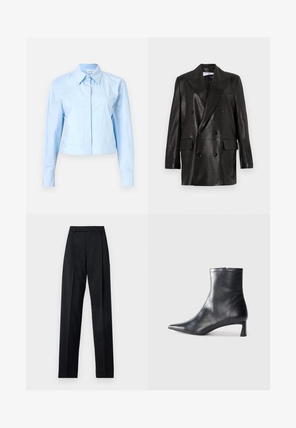 Schwarze Leder-Doppelreiher-Blazer mit breiten Revers, Fronttaschen und Knopfakzenten. Glatte Textur mit taillierter Silhouette.; Helles blaues, kurz geschnittenes Langarmhemd mit Button-down-Kragen, aus glattem Stoff. Besitzt eine Vorderblende und strukturierte Manschetten.; Schwarze Hosen aus glattem Stoff mit hoher Taille, weitem Bein, vorderen Falten und klassischen Gürtelschlaufen. Keine sichtbaren Seitentaschen.; Schwarze Lederstiefelette mit spitzer Zehe und schlankem Design. Verfügt über einen niedrigen Absatz und einen Reißverschluss hinten. Glatte Textur.