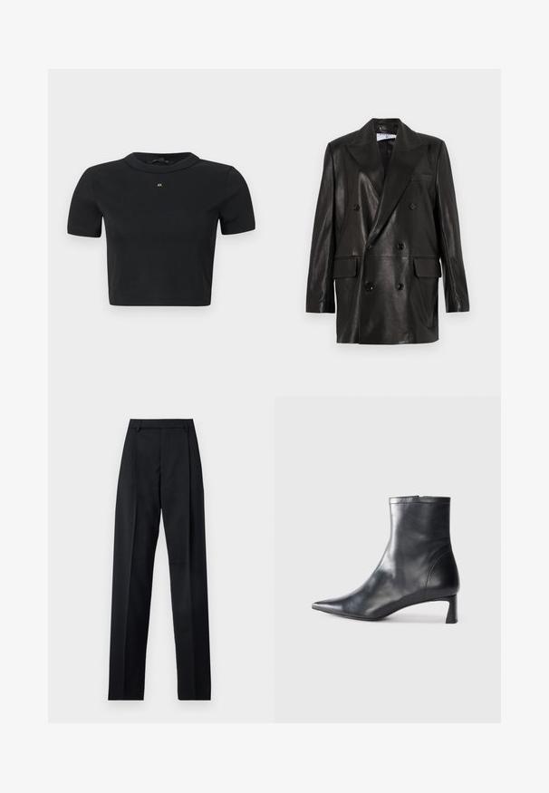 Blazer de cuero negro de doble botonadura con amplias solapas, bolsillos frontales y detalles de botones. Textura suave con una silueta entallada.; Top de punto recortado de manga corta negra con cuello redondo y pequeño logo dorado "AX" en el centro del pecho.; Pantalones negros de tela suave con cintura alta, piernas amplias, pliegues frontales y lazos de cinturón clásicos. No hay bolsillos laterales visibles.; Botín de cuero negro hasta el tobillo con punta afilada y un diseño elegante. Presenta un tacón bajo y un cierre con cremallera en la parte trasera. Textura suave.